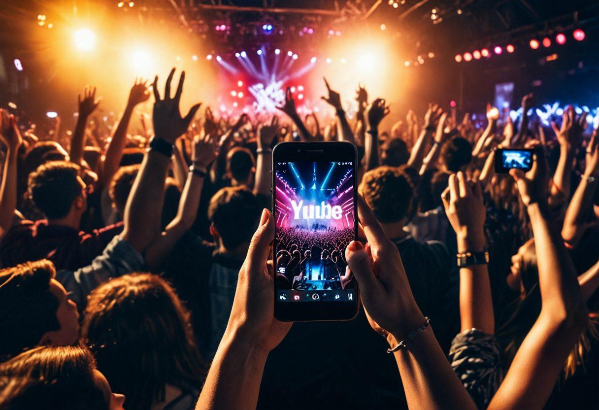 A vibrant collage showcasing a transition from a viral music video on a smartphone screen to an energetic live performance on stage, featuring enthusiastic fans. Incorporate elements like musical notes, iconic YouTube logo, and a DJ mixing in the background. The color scheme should be lively and eye-catching, creating a sense of movement and rhythm. super-realistic. vibrant colors. dynamic composition.